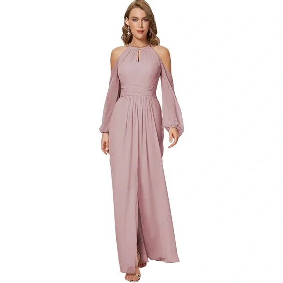 Women's Long Sleeve halter top Chiffon Bridesmaid Dress - Picture 2 of 6